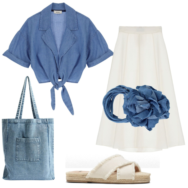 Outfit donna - Rientro in città. Stile Casual chic per Ufficio. Abbinamento con ciabatte, shopping bag, collane, gonne lunghe, camicie a manica corta.