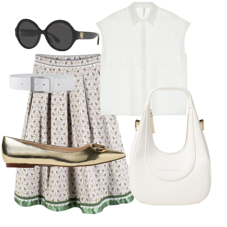 Outfit donna - Pranzo con le amiche. Stile Bon Ton per Tutti i giorni. Abbinamento con gonne longuette, cinture, camicie a manica corta, occhiali da sole, ballerine, borse a mano.