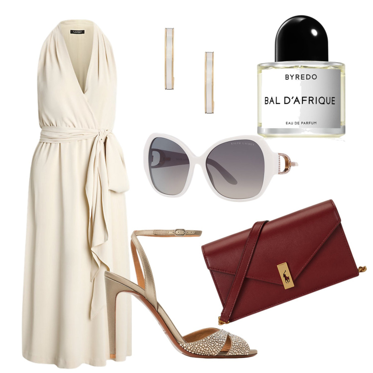Outfit donna - Cerimonia. Stile Chic per Cerimonia. Abbinamento con profumi, vestiti senza maniche, occhiali da sole, orecchini, sandali col tacco, clutch.