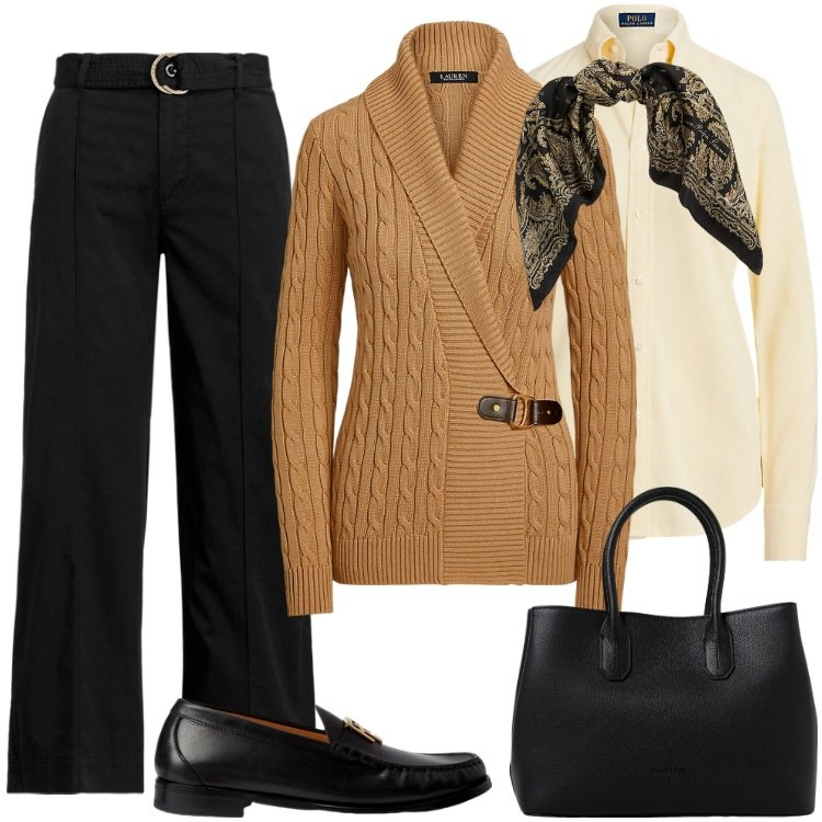 Outfit donna - Total look #1942638. Stile Mannish per Ufficio. Abbinamento con maglieria, pantaloni, mocassini, camicie, foulard, borse a mano.