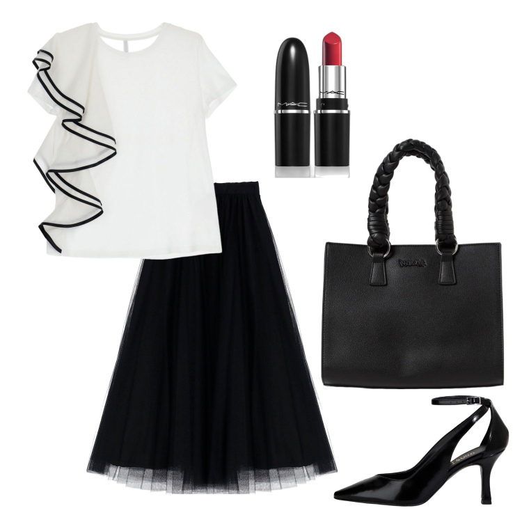 Outfit donna - Punto di luce. Stile Glamour per Serata fuori. Abbinamento con rossetti, t-shirt, gonne longuette, décolleté, borse a mano.