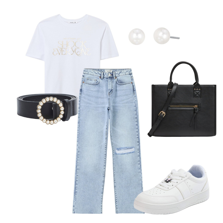 Outfit donna - Back to the city. Stile Casual per Tutti i giorni. Abbinamento con shopping bag, t-shirt, jeans strappati, sneakers, cinture, orecchini.