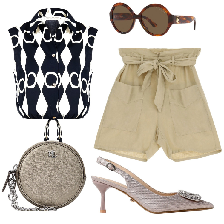 Outfit donna - Total look #1942649. Stile Casual per Tutti i giorni. Abbinamento con pochette, occhiali da sole, shorts, camicie, scarpe col tacco.