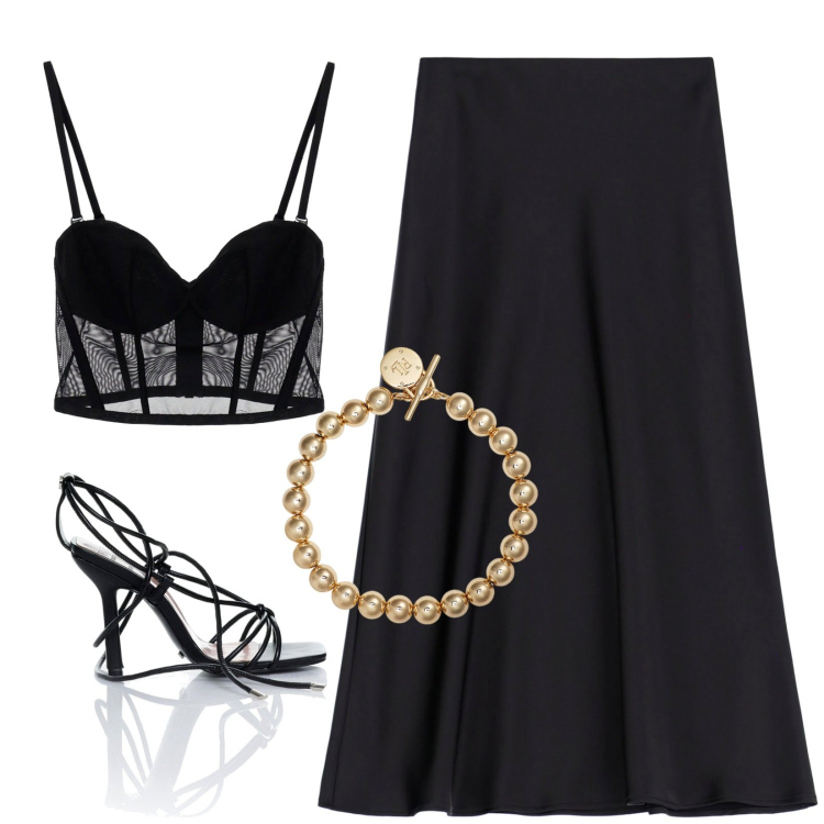 Outfit donna - In valigia. Stile Casual chic per Serata fuori. Abbinamento con sandali alla schiava, gonne longuette, top, braccialetti.