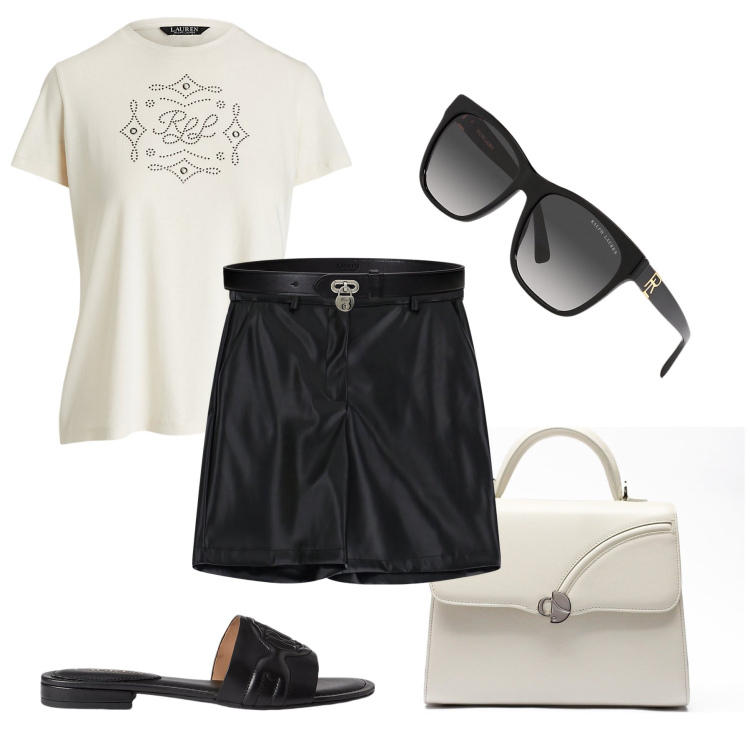 Outfit donna - In città à la page. Stile Sporty chic per Tutti i giorni. Abbinamento con shorts, occhiali da sole, sandali in pelle, t-shirt, cinture, borse a mano.