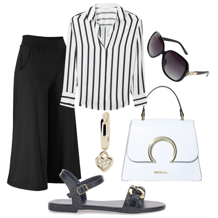 Outfit donna - Pantaloni culotte e camicia in raso H24. Stile Trendy per Tutti i giorni. Abbinamento con pantaloni culotte, occhiali da sole, camicie, orecchini, borse a spalla, sandali.