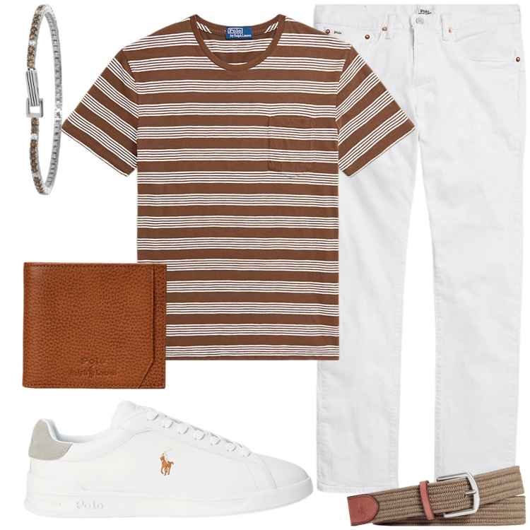 Outfit uomo - T-shirt a righe. Stile Casual per Serata speciale. Abbinamento con braccialetti, cinture, jeans, portafogli, t-shirt, sneakers.