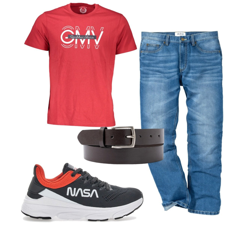 Outfit uomo - Total look #1942711. Stile Trendy per Tutti i giorni. Abbinamento con jeans dritti, cinture, t-shirt, sneakers.