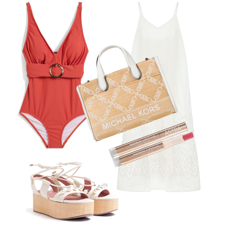 Outfit donna - My Summer. Stile Casual per Mare. Abbinamento con costumi interi, rossetti, sandali col tacco, vestiti lunghi, borse a mano.