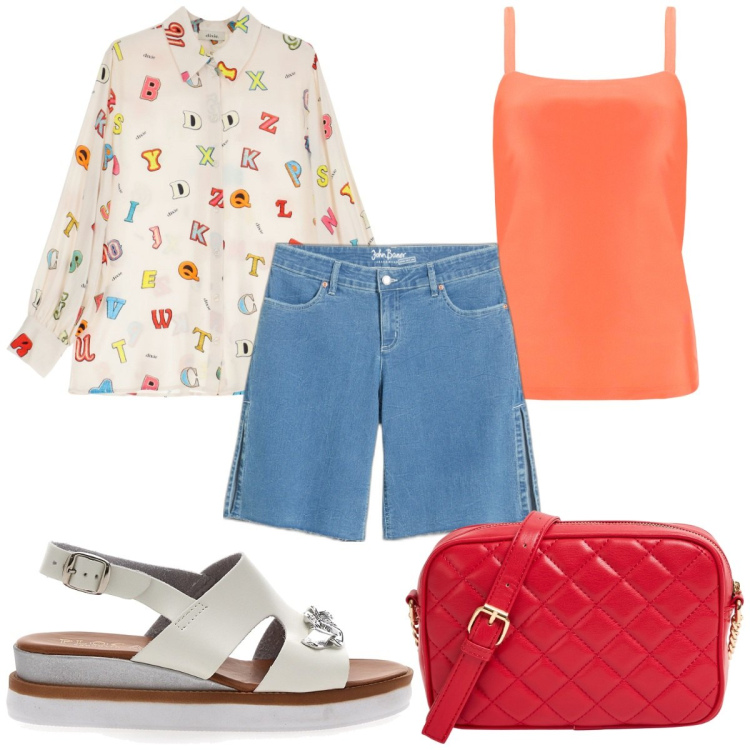 Outfit donna - Total look #1942759. Stile Trendy per Tutti i giorni. Abbinamento con bermuda, borse a tracolla, canottiere, camicie, sandali.