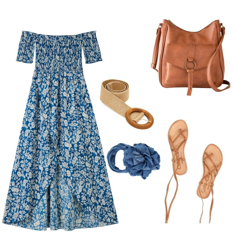 Outfit donna - Boho country. Stile Boho per Tutti i giorni. Abbinamento con borse a tracolla, vestiti lunghi, collane, cinture, sandali alla schiava.
