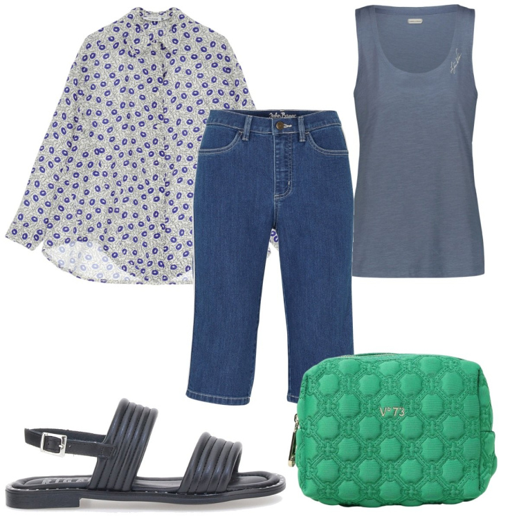 Outfit donna - Total look #1942768. Stile Trendy per Tutti i giorni. Abbinamento con bermuda, camicie, sandali in pelle, canottiere, pochette.