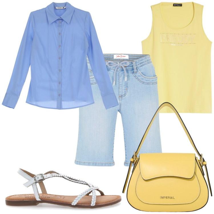 Outfit donna - Total look #1942769. Stile Trendy per Tutti i giorni. Abbinamento con bermuda, camicie, borse a spalla, canottiere, sandali in pelle.
