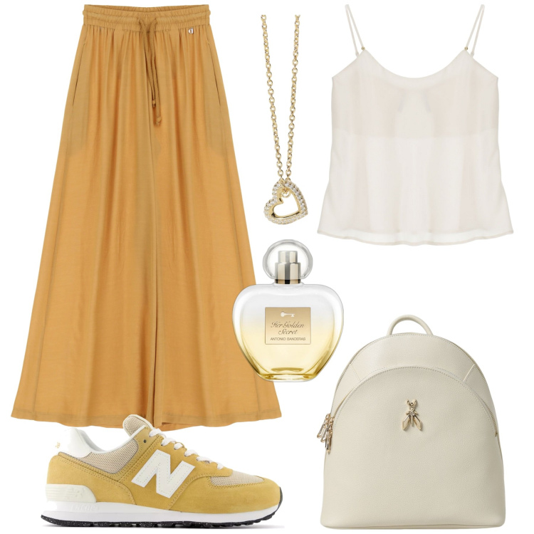 Outfit donna - Al lavoro. Stile Casual chic per Ufficio. Abbinamento con profumi, collane, sneakers, top, pantaloni a palazzo, zaini.