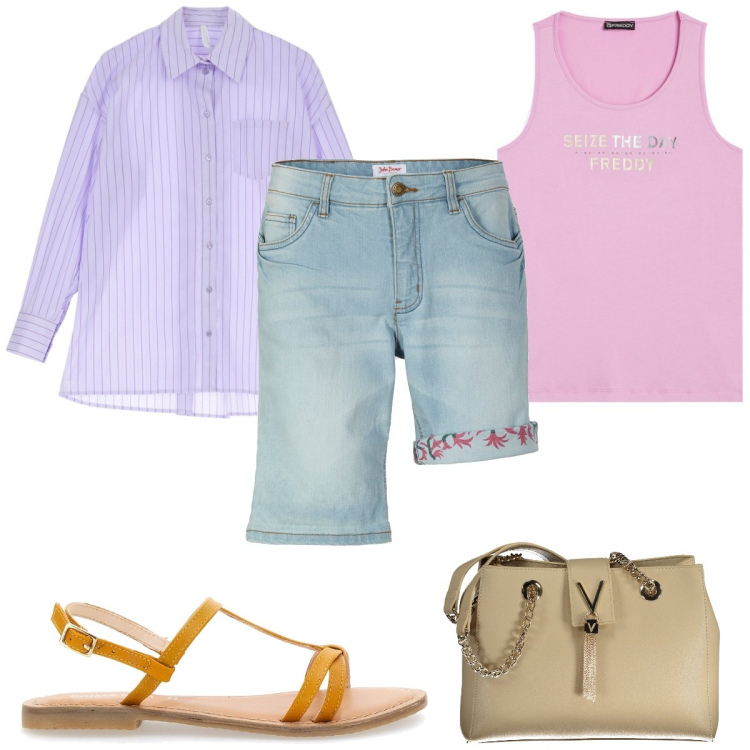 Outfit donna - Total look #1942771. Stile Trendy per Tutti i giorni. Abbinamento con bermuda, camicie, canottiere, sandali in pelle, borse a spalla.