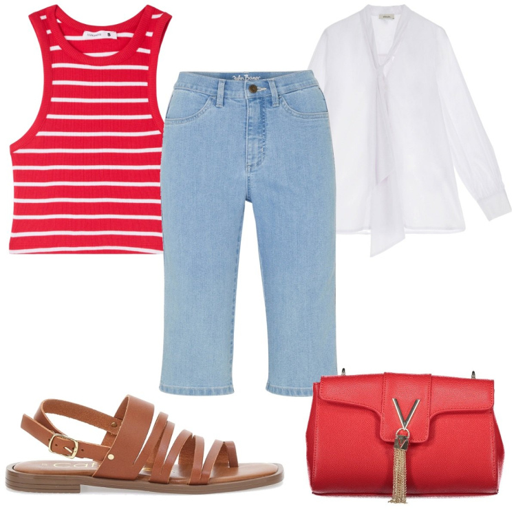 Outfit donna - Total look #1942772. Stile Trendy per Tutti i giorni. Abbinamento con bermuda, canottiere, camicie, sandali in pelle, borse a tracolla.