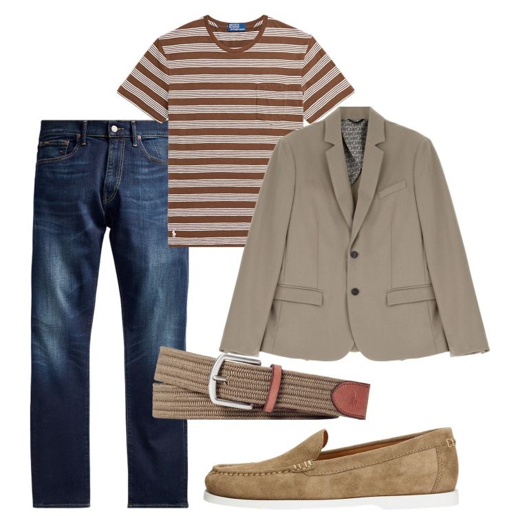 Outfit uomo - Giacca e righe. Stile Trendy per Tutti i giorni. Abbinamento con giacche, cinture, jeans, scarpe stringate, t-shirt.