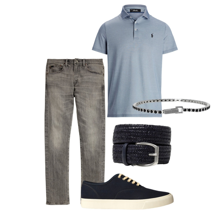 Outfit uomo - Polvere. Stile Casual per Tutti i giorni. Abbinamento con braccialetti, sneakers, polo, jeans, cinture.
