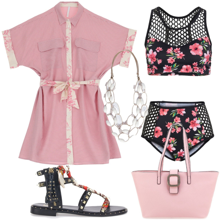 Outfit donna - Total look #1942814. Stile Casual per Mare. Abbinamento con bikini, vestiti corti, collane, borse a spalla, sandali.