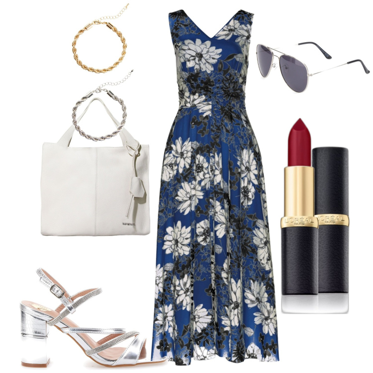 Outfit donna - Rientro dalle vacanze. Stile Casual chic per Tutti i giorni. Abbinamento con vestiti lunghi, braccialetti, rossetti, borse a spalla, sandali col tacco, occhiali da sole.