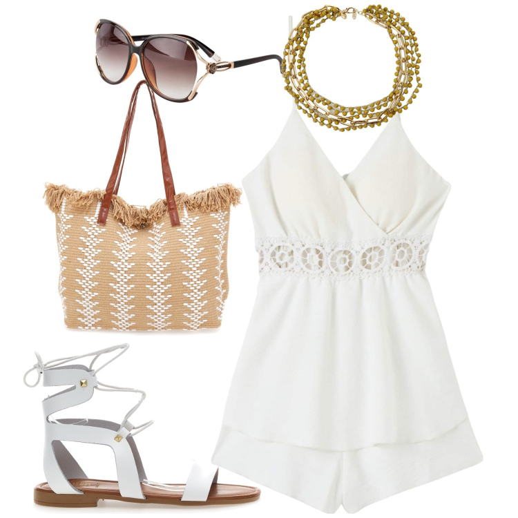 Outfit donna - La tutina con inserto macramè. Stile Trendy per Tutti i giorni. Abbinamento con occhiali da sole, tuta corta, collane, sandali, borse a spalla.