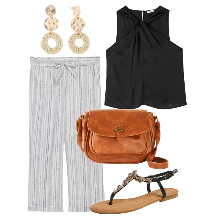 Outfit donna - Cuoio che spezza. Stile Bon Ton per Serata fuori. Abbinamento con borse a tracolla, orecchini, top, sandali gioiello, pantaloni.