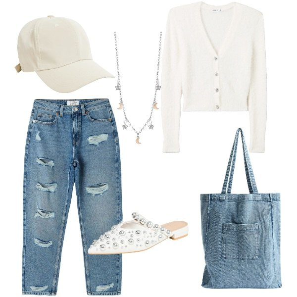 Outfit donna - Rientro a scuola. Stile Minimal per Tutti i giorni. Abbinamento con jeans mom, ballerine, cardigans, shopping bag, cappelli, collane.