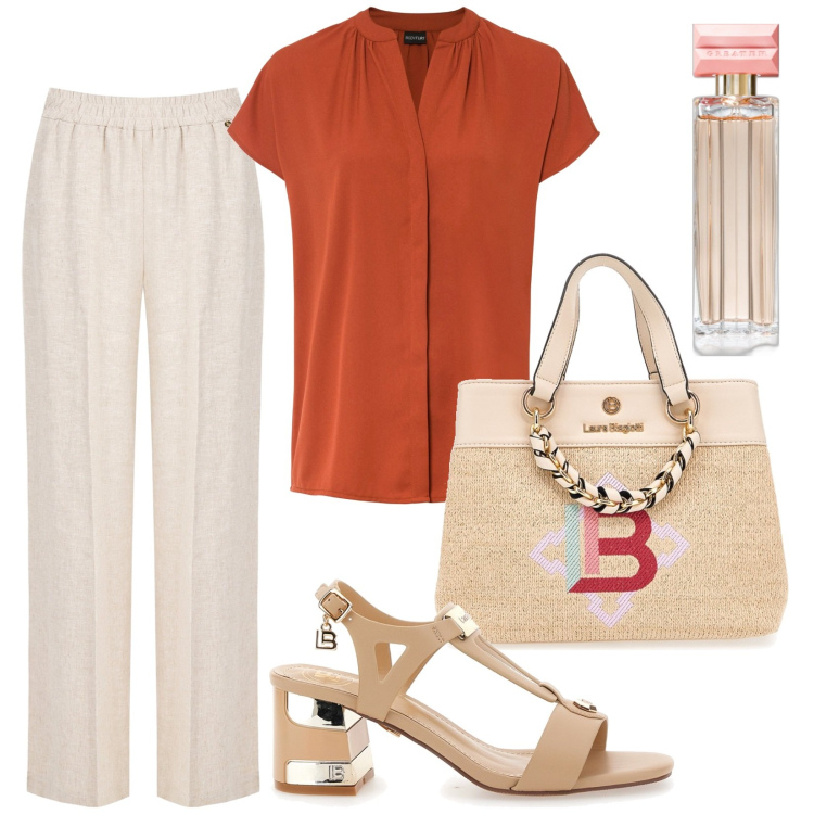 Outfit donna - Total look #1942868. Stile Casual chic per Tutti i giorni. Abbinamento con bluse, profumi, pantaloni, sandali col tacco, borse a mano.