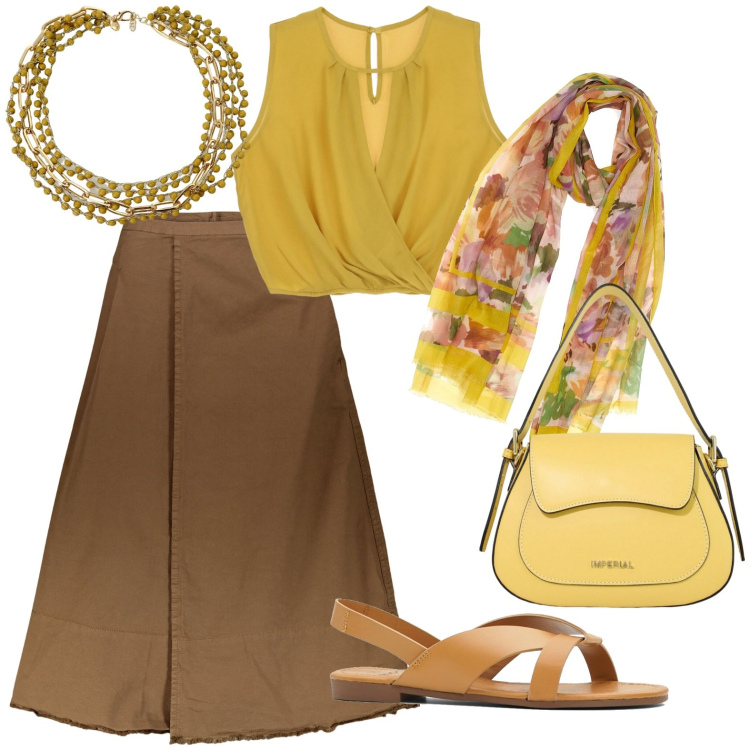 Outfit donna - Senape e marrone. Stile Casual per Tutti i giorni. Abbinamento con sandali, borse a spalla, top, collane, gonne lunghe, sciarpe.
