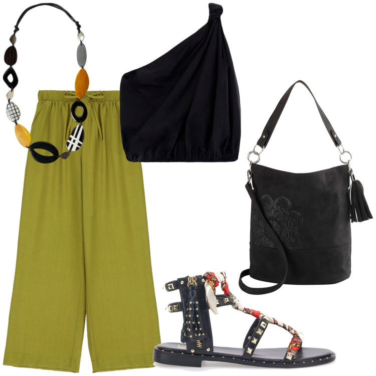 Outfit donna - Total look #1942873. Stile Etnico per Tutti i giorni. Abbinamento con borse a mano, top, pantaloni a palazzo, collane, sandali.
