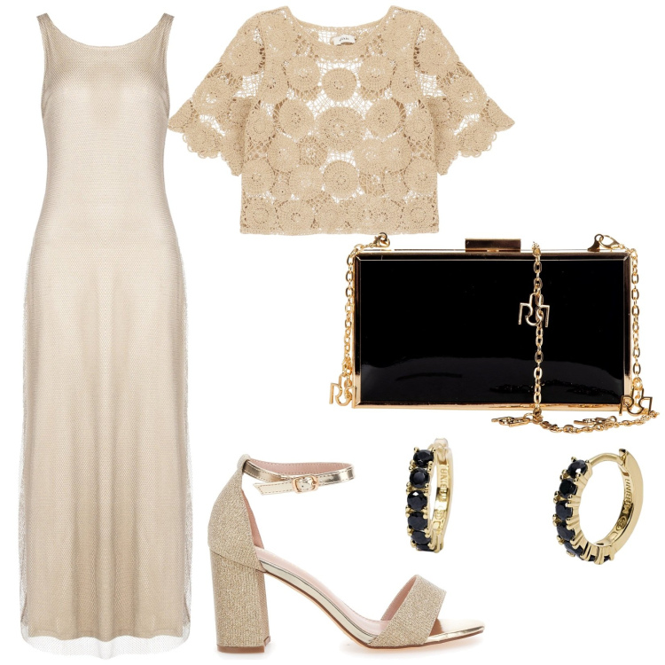 Outfit donna - Total look #1942878. Stile Chic per Serata fuori. Abbinamento con orecchini, vestiti lunghi, pochette, maglieria, sandali col tacco.