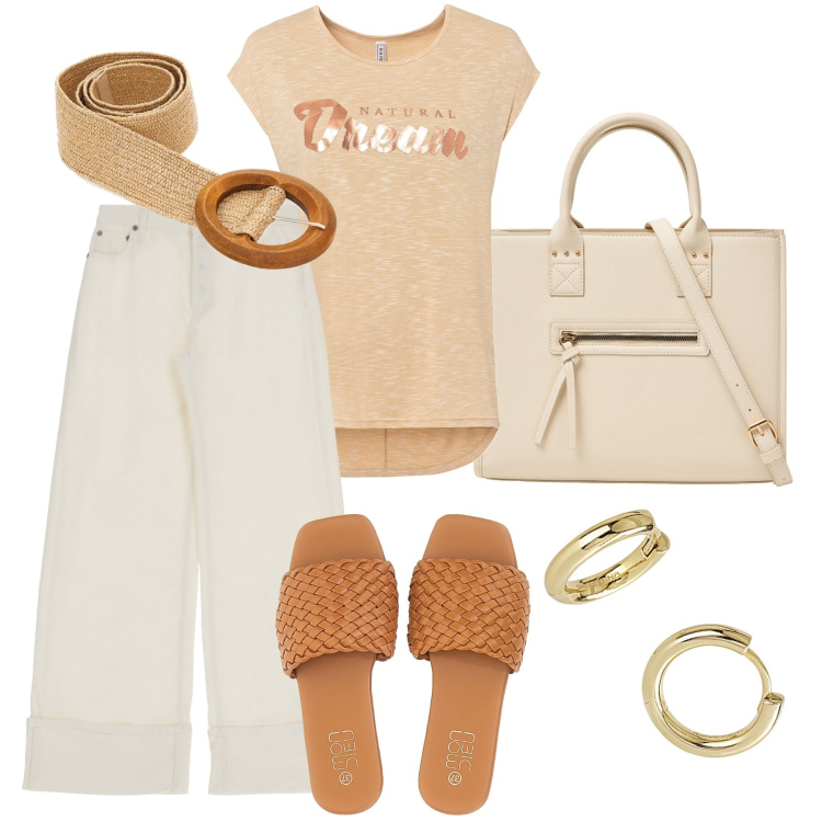 Outfit donna - Vita da città. Stile Urban per Tutti i giorni. Abbinamento con maglieria, shopping bag, orecchini, pantaloni, ciabatte, cinture.