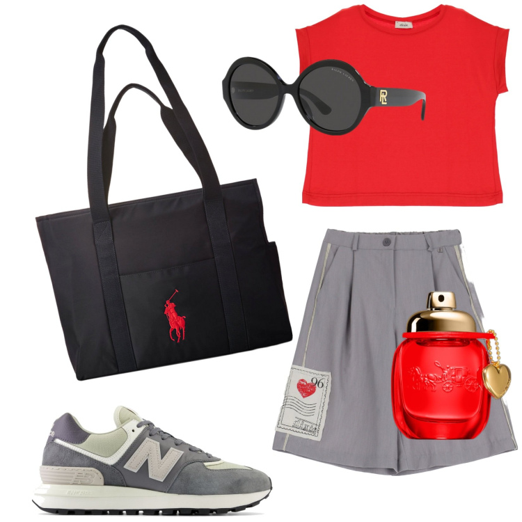 Outfit donna - La mia borsa preferita. Stile Trendy per Tutti i giorni. Abbinamento con profumi, sneakers, bermuda, t-shirt, borse tote, occhiali da sole.