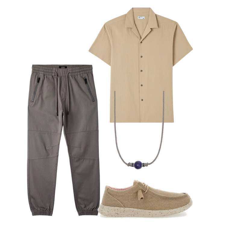 Outfit uomo - Greige. Stile Urban per Tutti i giorni. Abbinamento con camicie a manica corta, pantaloni, collane, scarpe stringate.