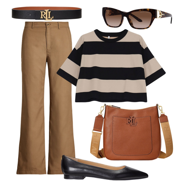 Outfit donna - Sportiva con stile per ogni occasione. Stile Sporty chic per Tutti i giorni. Abbinamento con t-shirt, ballerine, cinture, borse a tracolla, occhiali da sole, pantaloni.