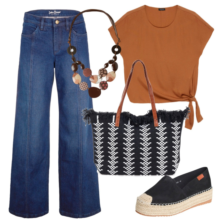 Outfit donna - In città come in vacanza 2. Stile Casual per Tutti i giorni. Abbinamento con jeans, espadrillas, borse a spalla, bluse, collane.