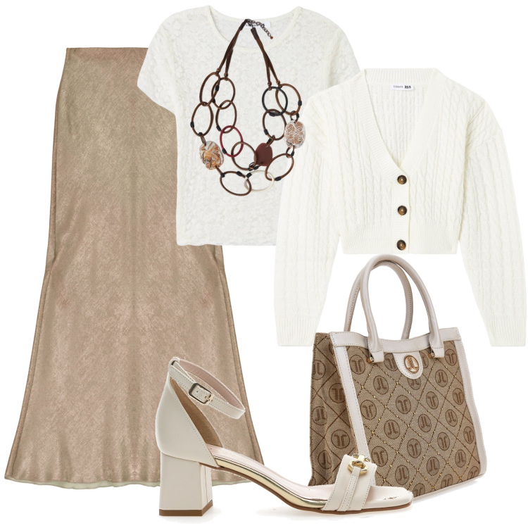 Outfit donna - Mix & Match H 24. Stile Trendy per Tutti i giorni. Abbinamento con t-shirt, cardigans, gonne lunghe, borse a tracolla, collane, sandali col tacco.