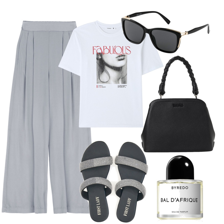 Outfit donna - Ufficio alternativo. Stile Casual chic per Ufficio. Abbinamento con occhiali da sole, profumi, t-shirt, pantaloni a palazzo, ciabatte, borse a spalla.