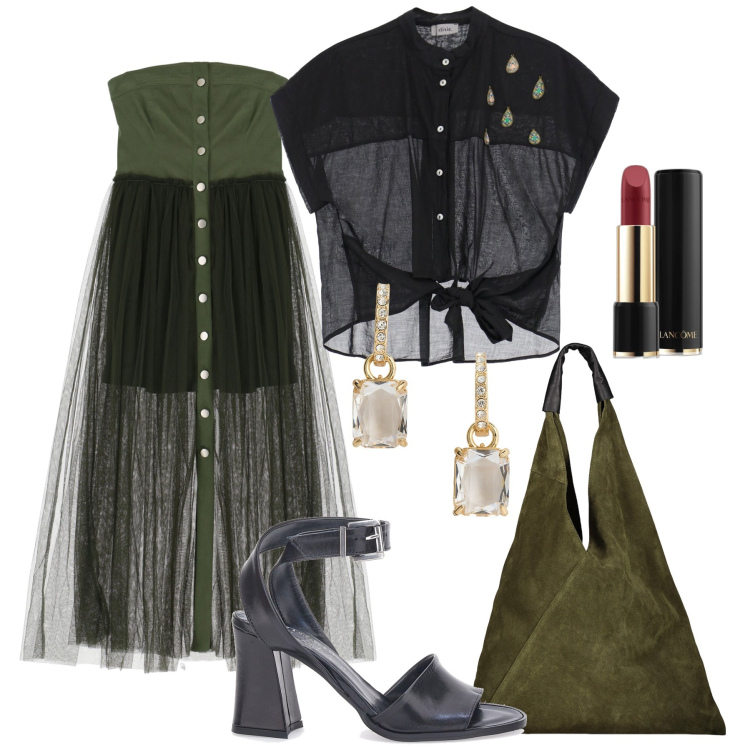 Outfit donna - Serata in trasparenza. Stile Casual chic per Serata fuori. Abbinamento con rossetti, vestiti lunghi, camicie a manica corta, borse a spalla, orecchini, sandali in pelle.