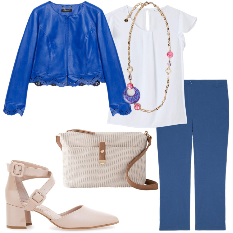 Outfit donna - La giacca blu con il pizzo. Stile Bon Ton per Tutti i giorni. Abbinamento con borse a tracolla, bluse, blazer, ciondoli, pantaloni, décolleté.