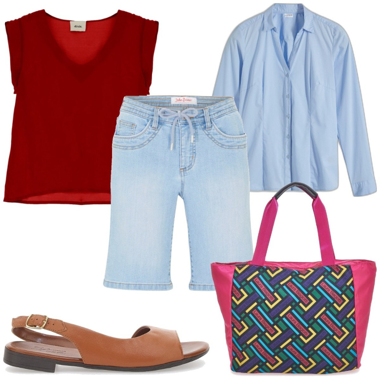 Outfit donna - Total look #1942910. Stile Trendy per Tutti i giorni. Abbinamento con camicie, bermuda, canottiere, borse a spalla, sandali in pelle.