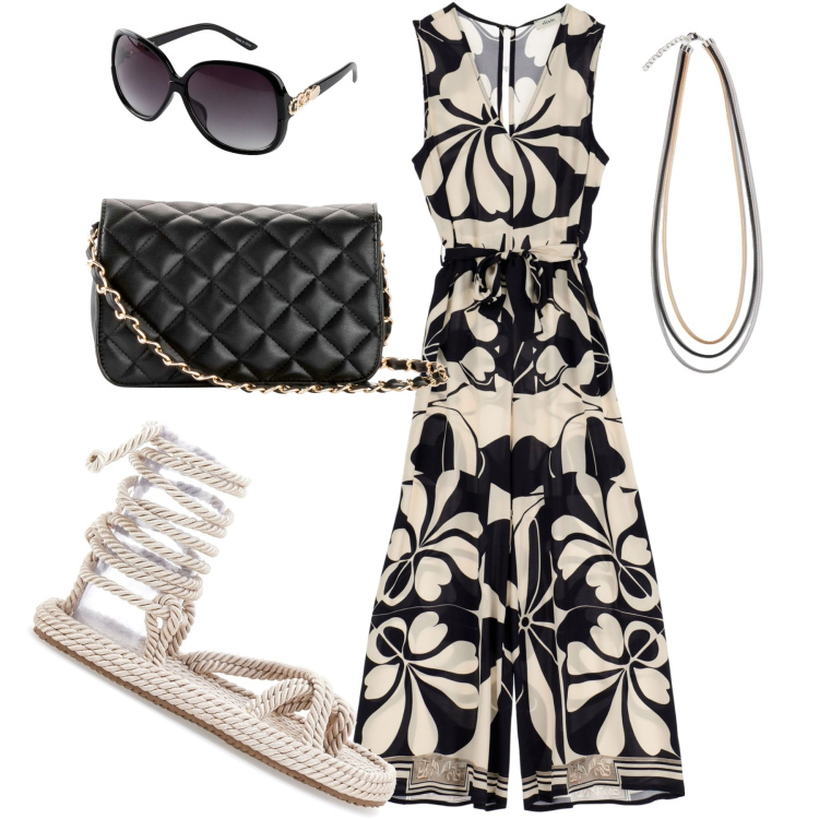 Outfit donna - La tuta fantasia. Stile Trendy per Tutti i giorni. Abbinamento con occhiali da sole, borse a tracolla, tute, collane, sandali.