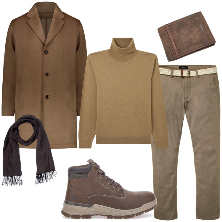Outfit uomo - Brown. Stile Casual per Ufficio. Abbinamento con pantaloni chino, maglieria, cappotti, sciarpe, portafogli, stivali e stivaletti.