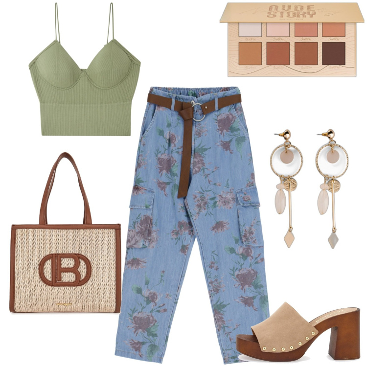 Outfit donna - Pausa pranzo. Stile Minimal per Tutti i giorni. Abbinamento con orecchini, ombretti, top, jeans, zoccoli, borse a spalla.