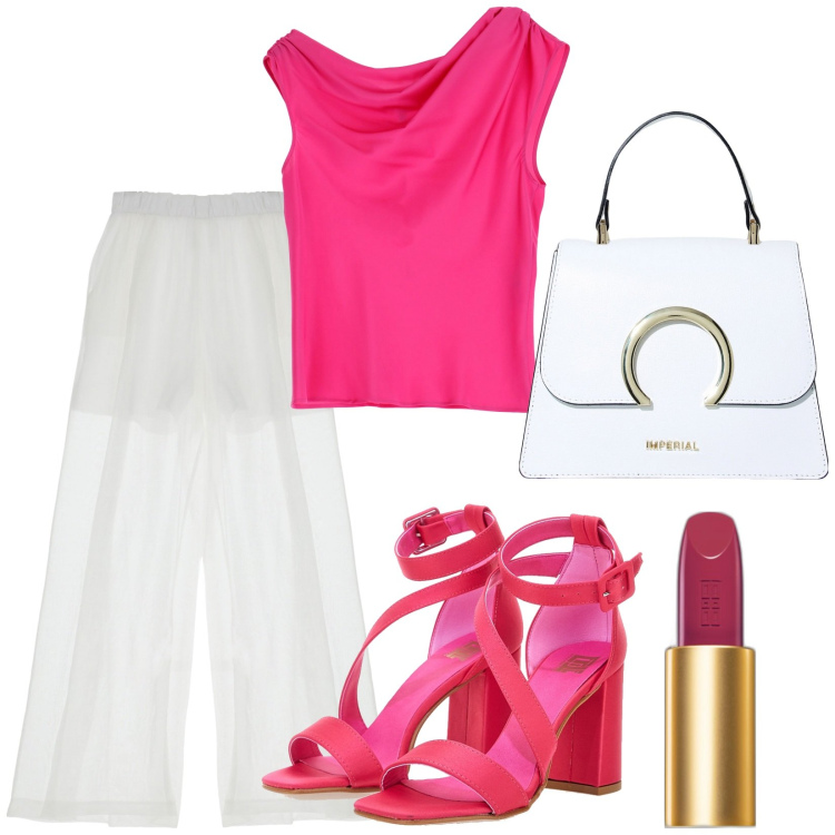 Outfit donna - Total look #1942947. Stile Chic per Serata fuori. Abbinamento con rossetti, canottiere, pantaloni, borse a spalla, sandali col tacco.
