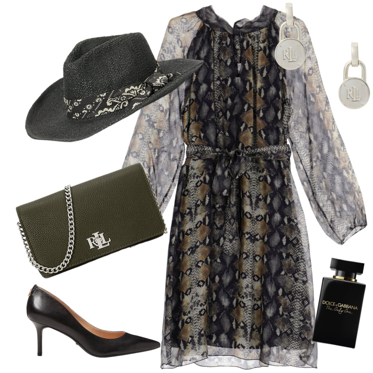 Outfit donna - Cerimonia alternativa. Stile Trendy per Cerimonia. Abbinamento con profumi, vestiti, orecchini, cappelli, décolleté, borse a mano.