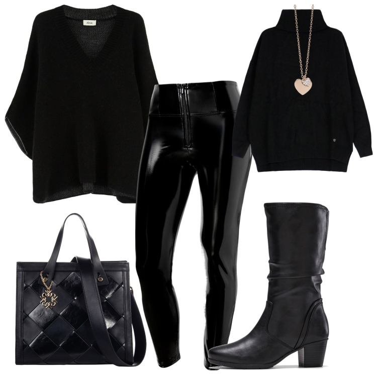 Outfit donna - Back in Black. Stile Rock per Tutti i giorni. Abbinamento con stivali, ciondoli, borse a mano, maglieria, pantaloni skinny, cappotti.