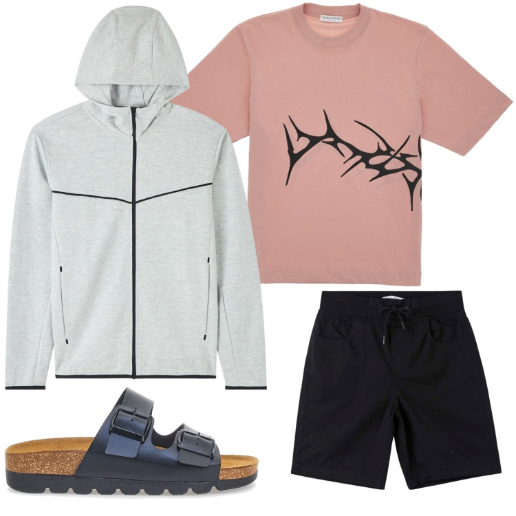 Outfit uomo - Colazione in bistrot. Stile Casual per Tutti i giorni. Abbinamento con felpe con cappuccio, shorts, sandali, t-shirt.