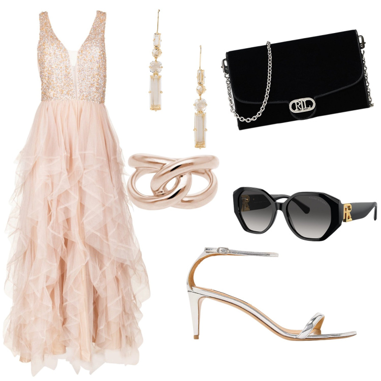 Outfit donna - Matrimonio. Stile Chic per Cerimonia. Abbinamento con anelli, vestiti, occhiali da sole, sandali col tacco, orecchini, borse a tracolla.