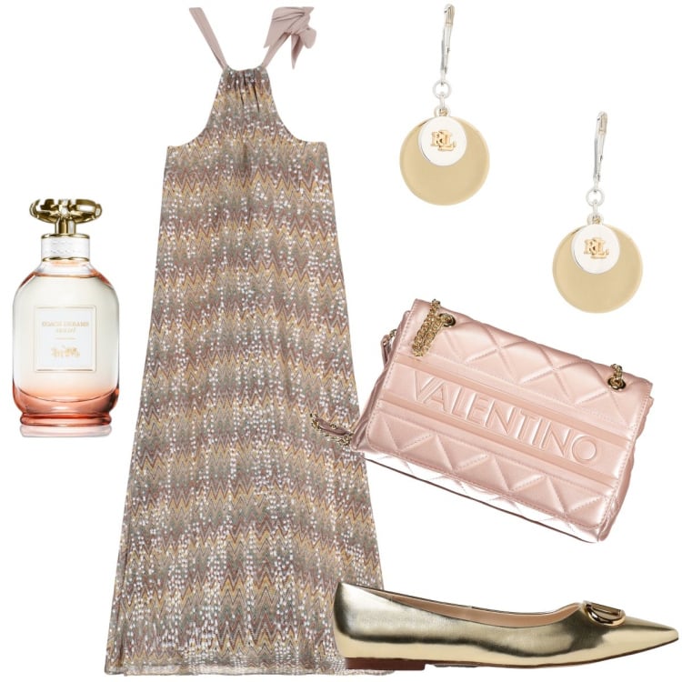 Outfit donna - Il vestito con il fiocco. Stile Glamour per Serata fuori. Abbinamento con profumi, vestiti lunghi, orecchini, ballerine, borse a spalla.